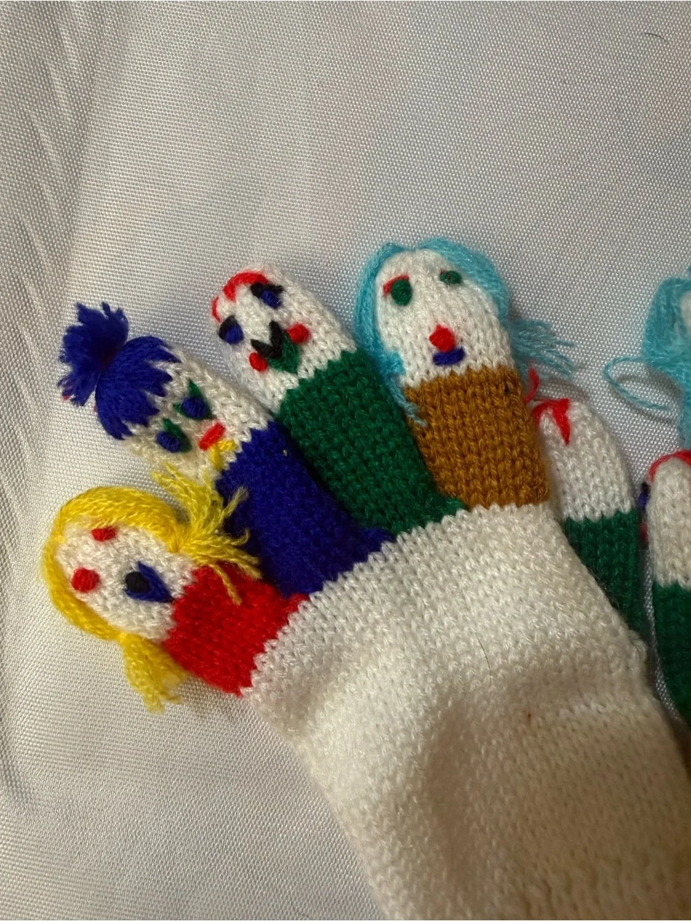 Handmade White Knit Finger Puppet Glove with Colorful Faces